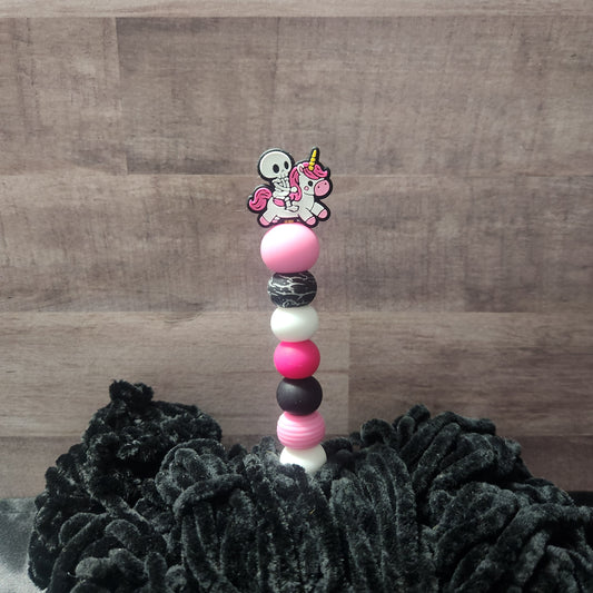 Skeleton riding a Unicorn beaded crochet hook or Ami Stick