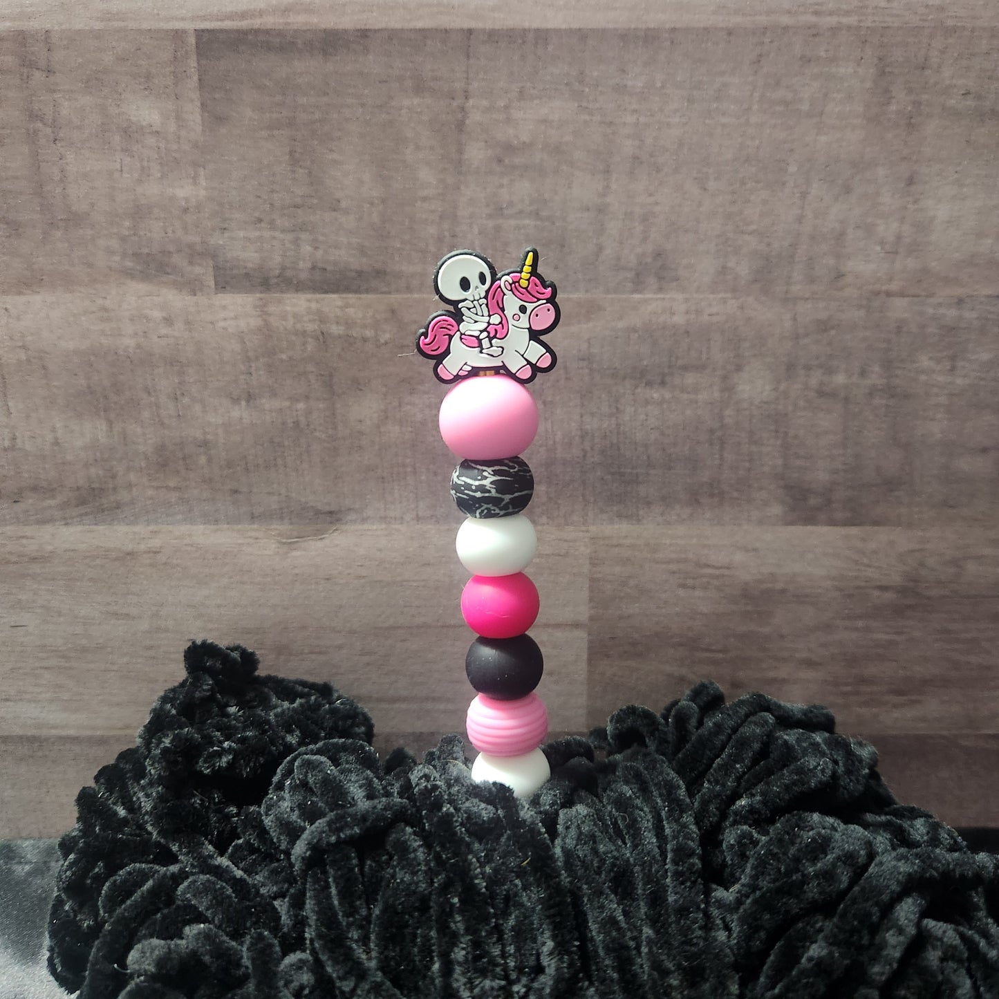 Skeleton riding a Unicorn beaded crochet hook or Ami Stick